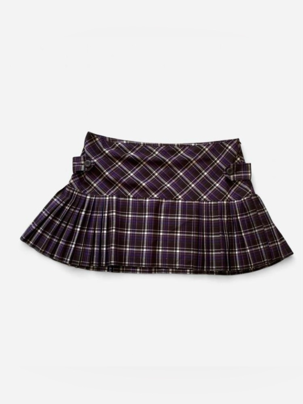 Y2k NOBO Purple & Brown Plaid Pleated Mini Skirt with Button Detailing